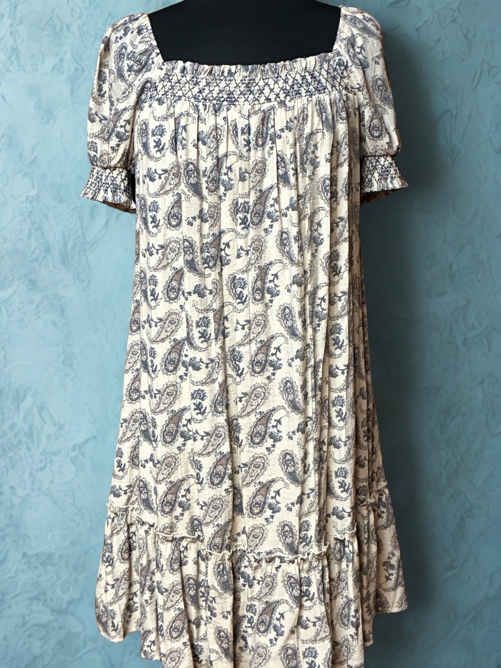 Indigo Rose Cream & Navy Paisley Peasant Dress Large
